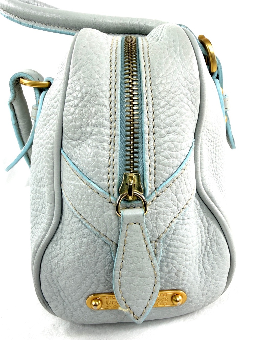 Dooney Bourke Pastel Blue Pebbled Leather Small Satchel Shoulder Bag Brass Studs - Picture 6 of 12